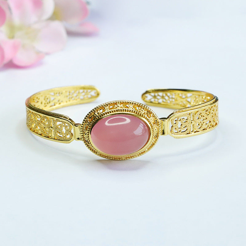 Pink Chalcedony Sterling Silver Bracelet with Golden Opening