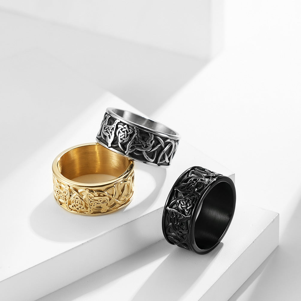 Planderful Viking Ring For Men Titanium Steel Celtic Knot Wolf Design Durable Retro Jewelry