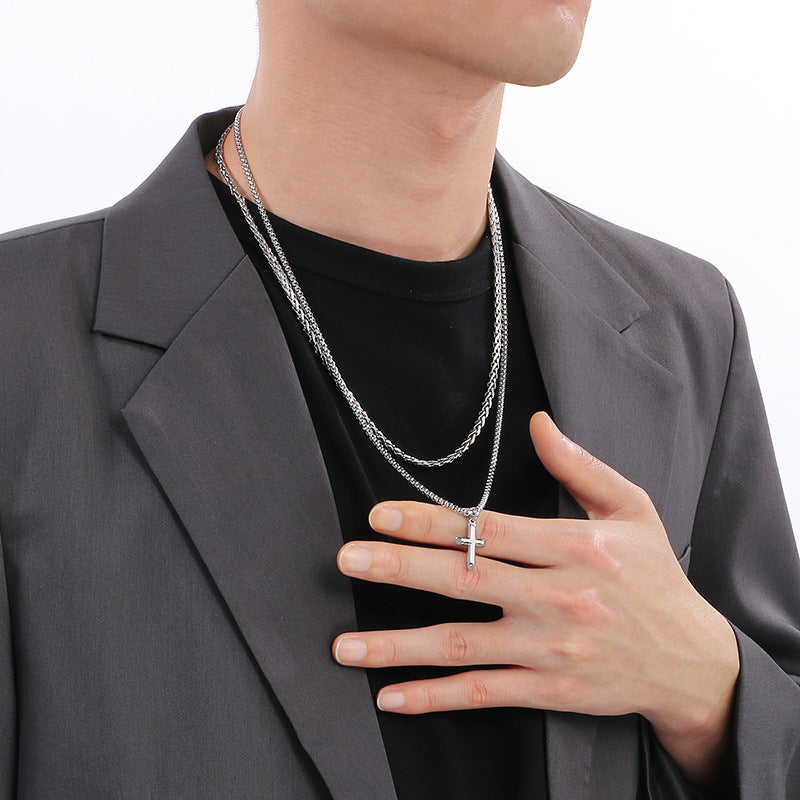 Hip-Hop Trendy Men Stacked Cross Pendant Double-Layer Square Pearl Flower Basket Chain Titanium Necklace