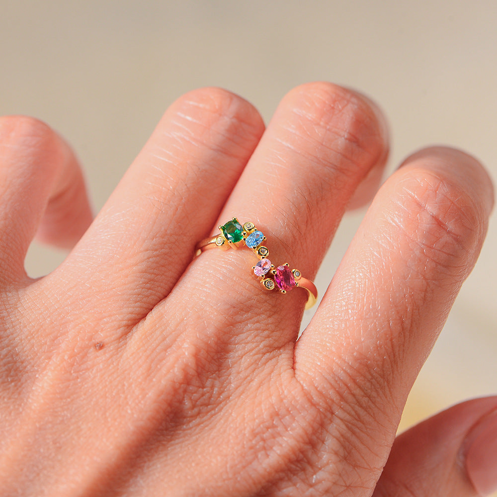 S925 Sterling Silver Colored Zircon Open Sterling Silver Ring Wind Ring