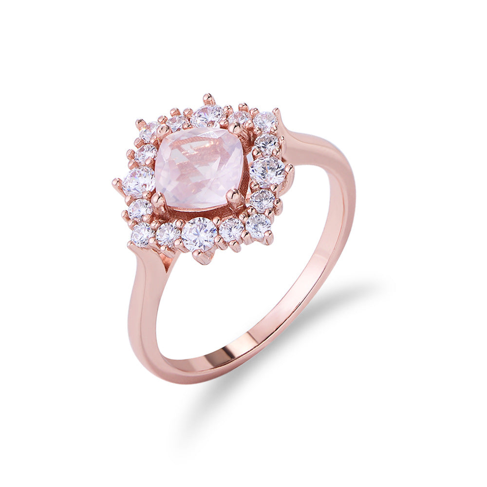 925 Sterling Silver Zircon Rose Gold Natural Powder Crystal Pillow Ring Classic Jewelry