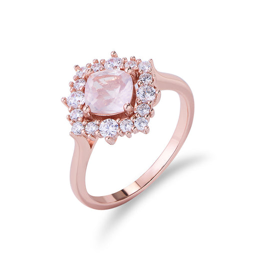 925 Sterling Silver Zircon Rose Gold Natural Powder Crystal Pillow Ring Classic Jewelry
