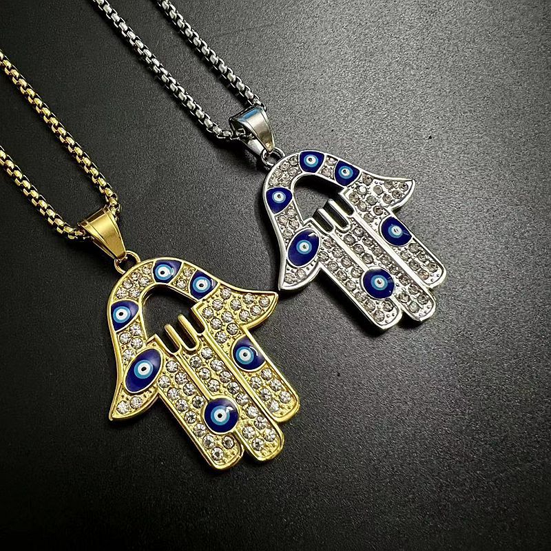 Planderful Everyday Genie Unisex Hamsa Fatima Evil Eye Necklace Hip Hop Style Titanium Steel Gold Plated Zircon Pendant