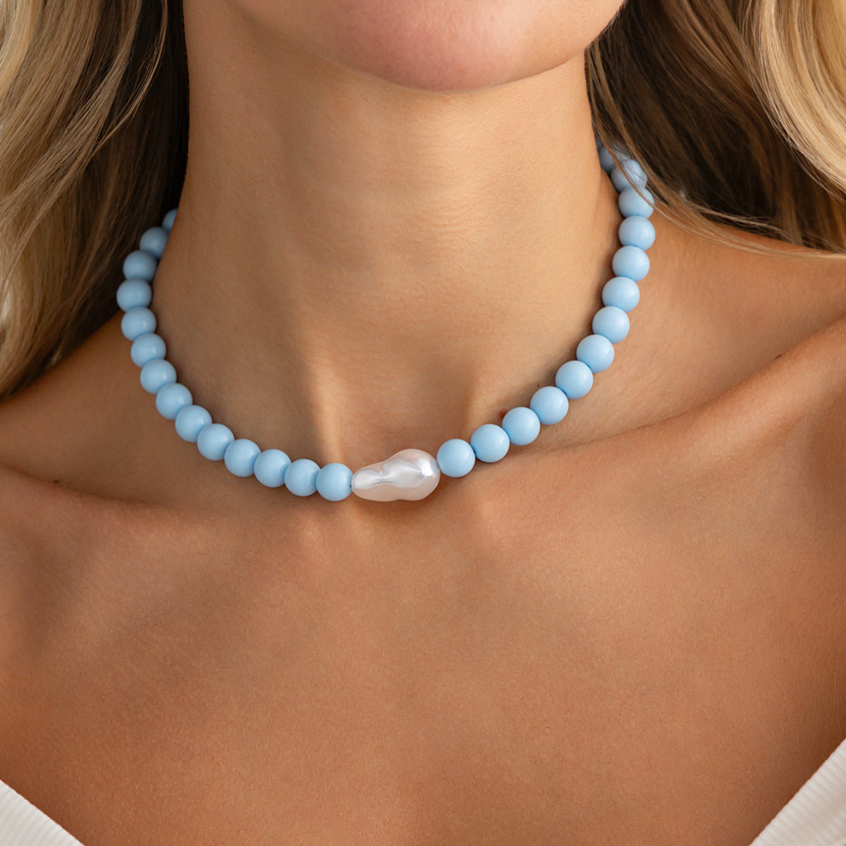 Colored Round Beads Pearl Necklace Dopamine Beaded Holiday Wind Necklace