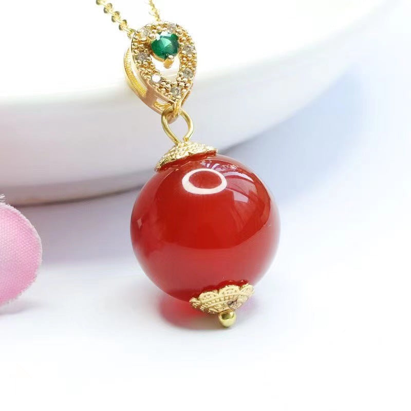 15 mm Red Agate Bead Green Accent Pendant — No Chain