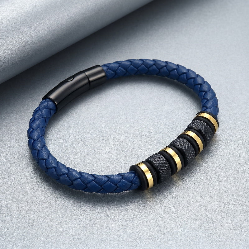 Rhombus Knurled Titanium Steel Ball Woven Microfiber Leather Magnetic Buckle Leather Bracelet
