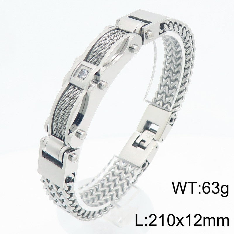 Buckle Front & Back Chain – Hip-Hop Zircon Weiya Line Mesh Curved Bar Stainless Bracelet