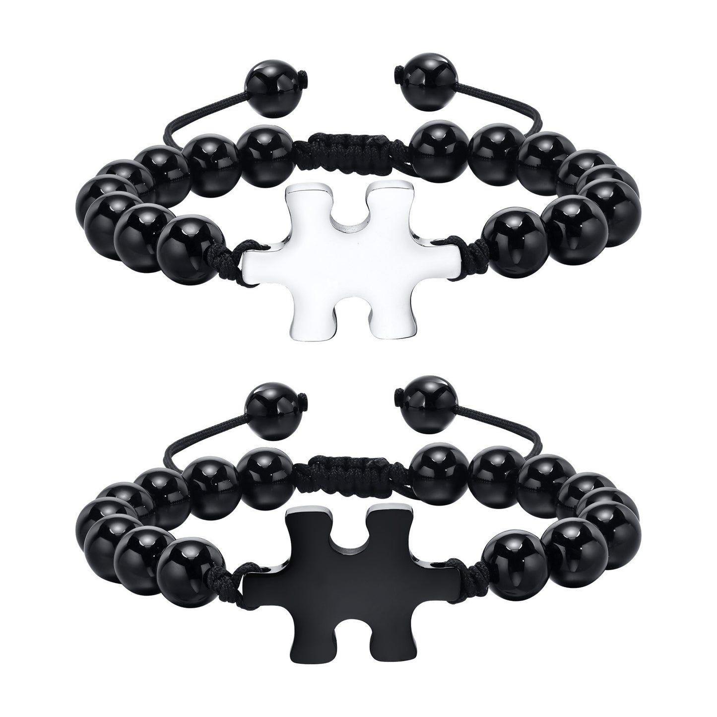 Adjustable Stainless Steel Puzzle Glossy Agate Beaded Bracelet Men's Black for Men
