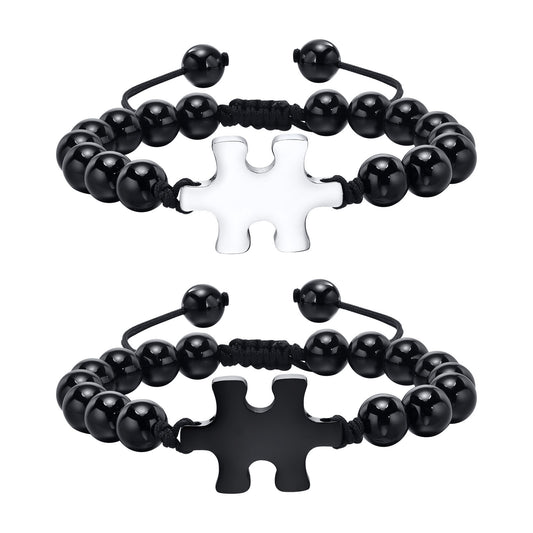 Adjustable Stainless Steel Puzzle Glossy Agate Beaded Bracelet Men's Black for Men