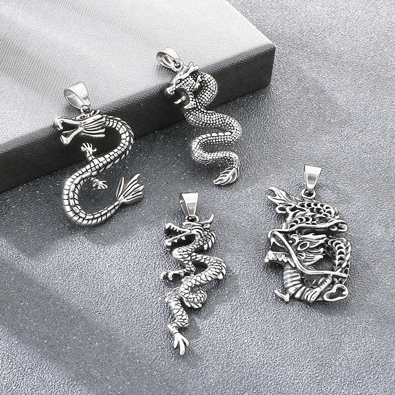 Feilong Direct Sales Titanium Steel, National Retro Zodiac Dragon Stainless Steel Men's Pendant Necklace