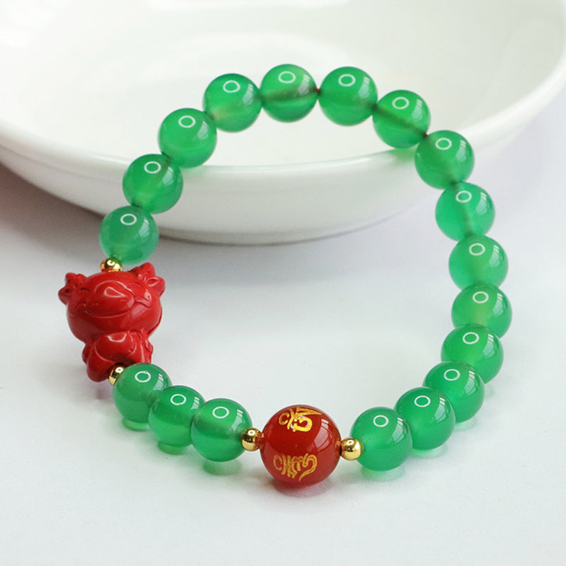 Zodiac Dragon Sterling Silver Bracelet with Natural Green Chalcedony and Red Sand Cinnabar