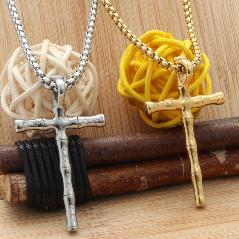 Titanium Steel Bamboo Knot Cross Pendant Necklace - Trendy Punk Style for Men