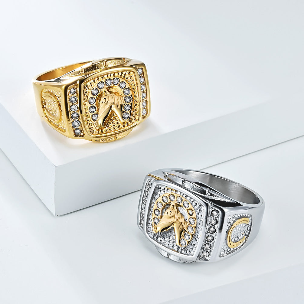 Planderful Retro Hip Hop Horse Head Ring Titanium Steel Plated 18K Gold With Zircon For Men