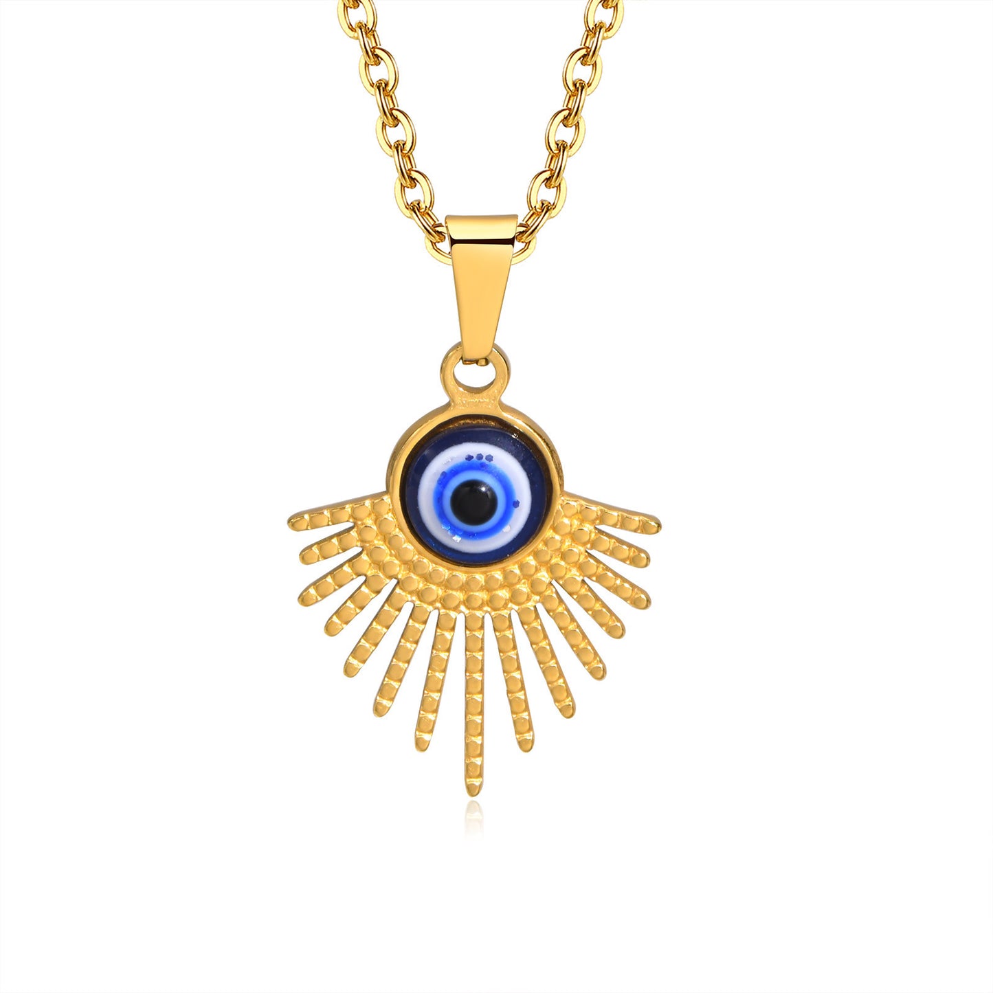 Stainless Steel Fan-Shaped Devil's Eye Gold Pendant Necklace