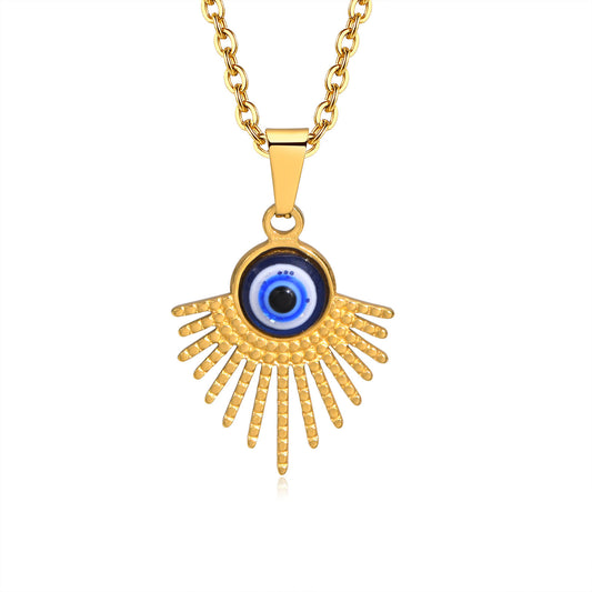 Stainless Steel Fan-Shaped Devil's Eye Gold Pendant Necklace