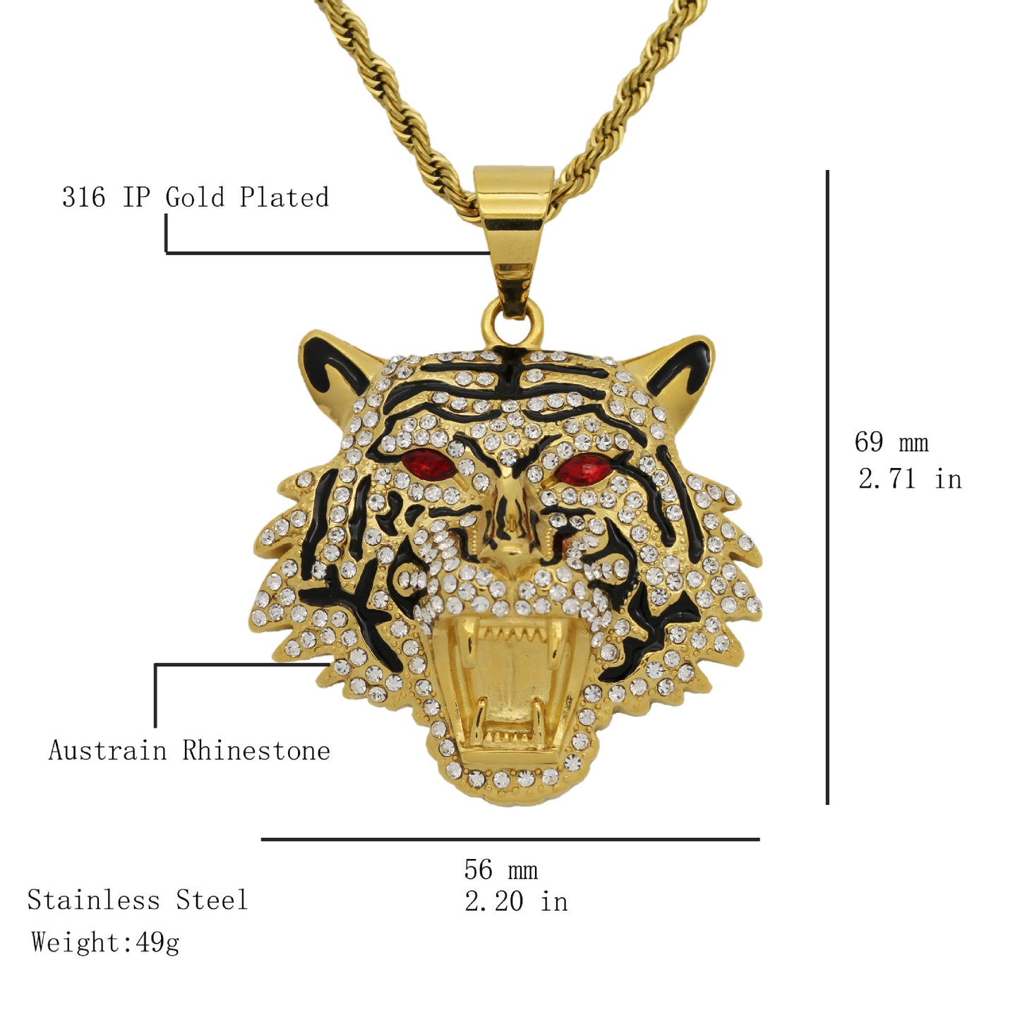 Planderful Hip Hop Bottle Opener Necklace Unisex Titanium Gold Plated Zircon Bold Tiger Head Pendant