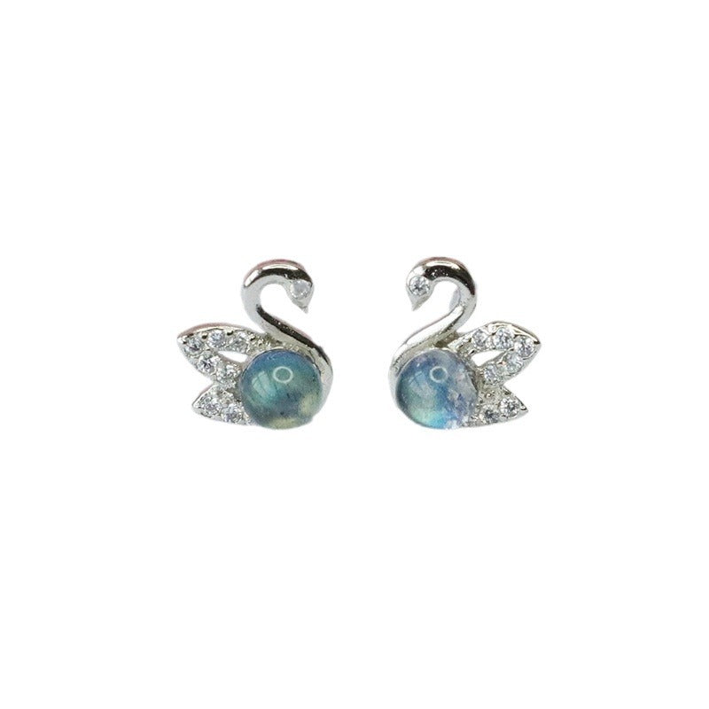 Gray Moonstone Swan 925 Silver Stud Earrings