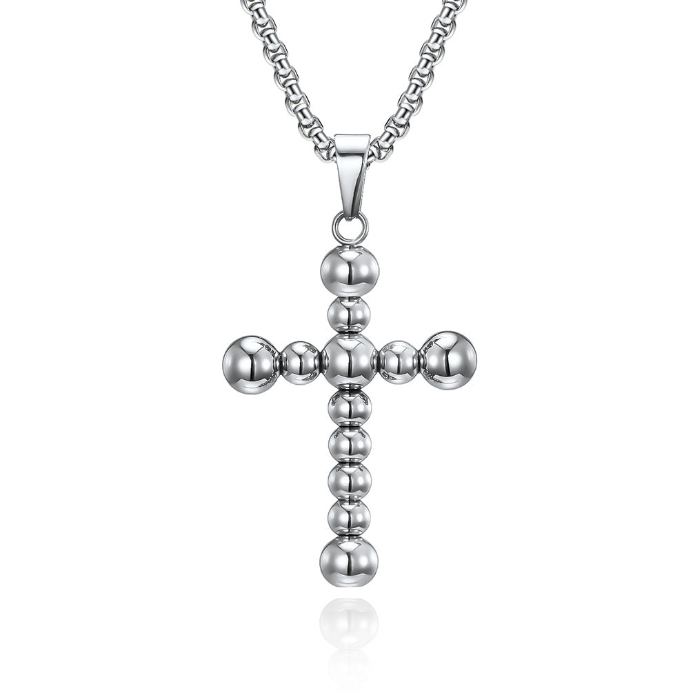Planderful Titanium Steel Beaded Cross Necklace Unisex Trendy Cold Style Jewelry