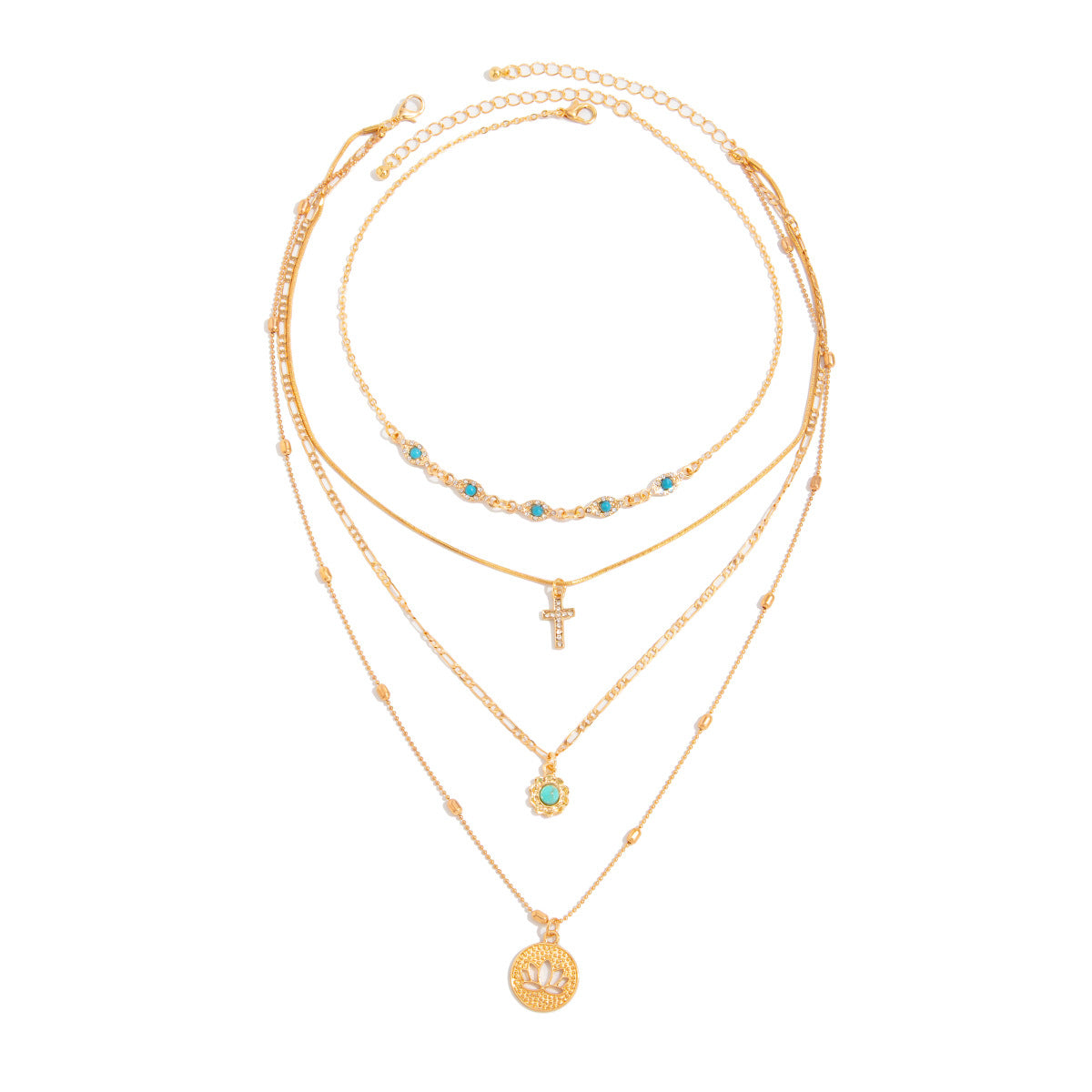 Lotus Drop & Cross Layered Pendant Necklace