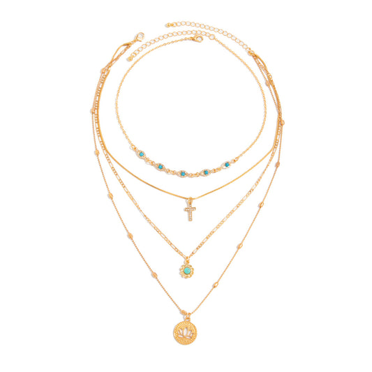 Lotus Drop & Cross Layered Pendant Necklace