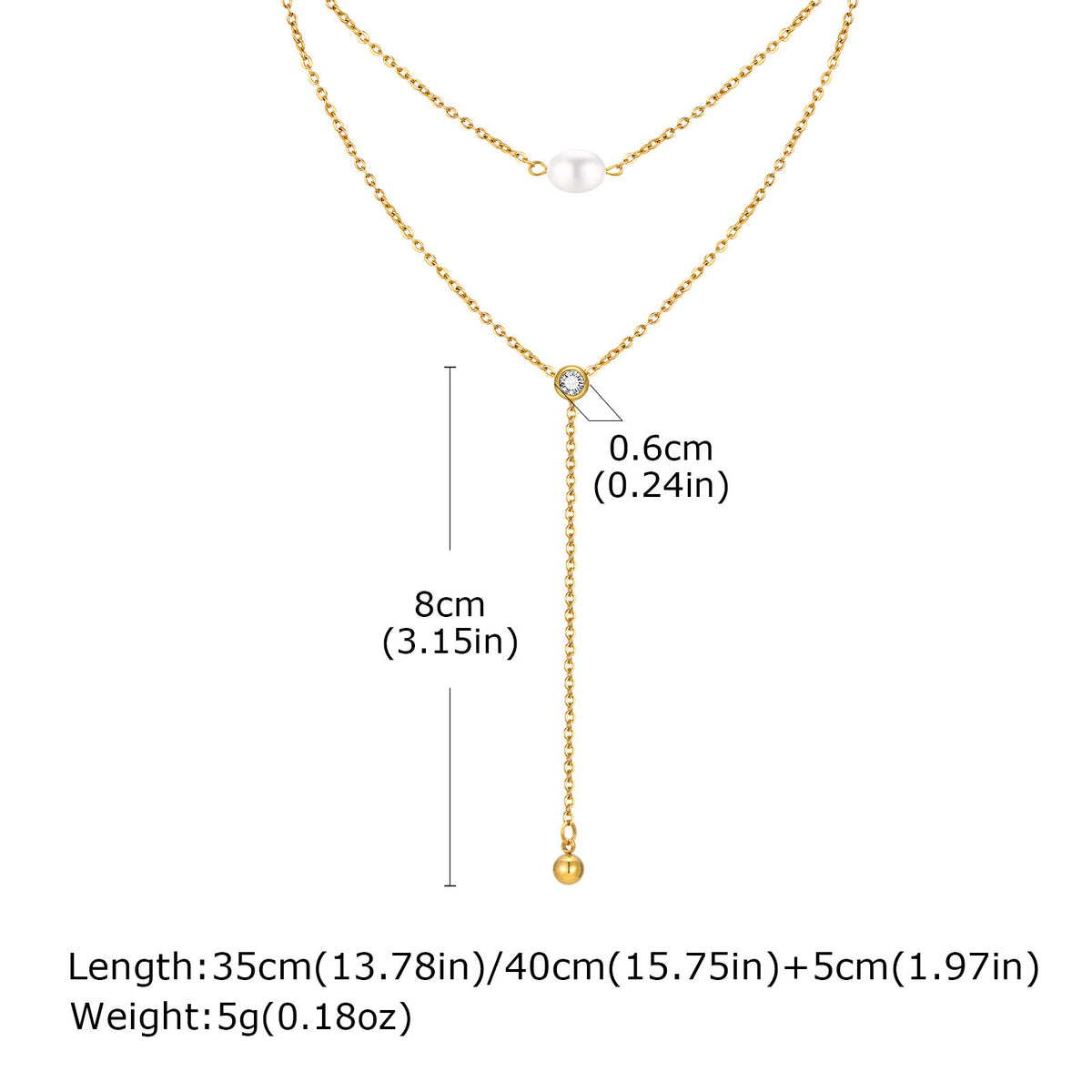 Summer Stainless Steel Double Chain Natural Baroque Zircon Y-Shaped Necklace Gold Ladies