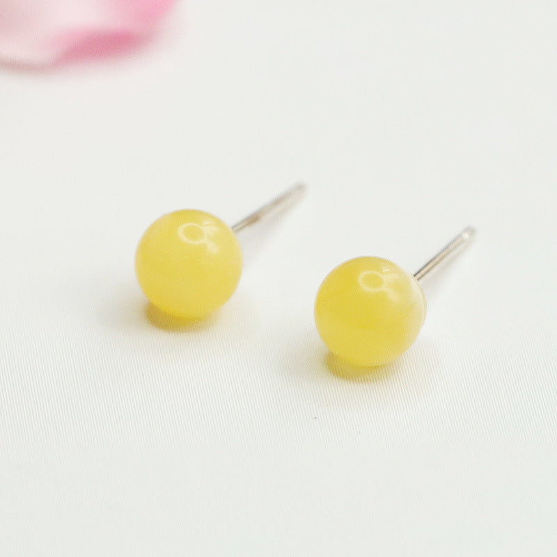 Beeswax Amber Round Bead Stud Earrings
