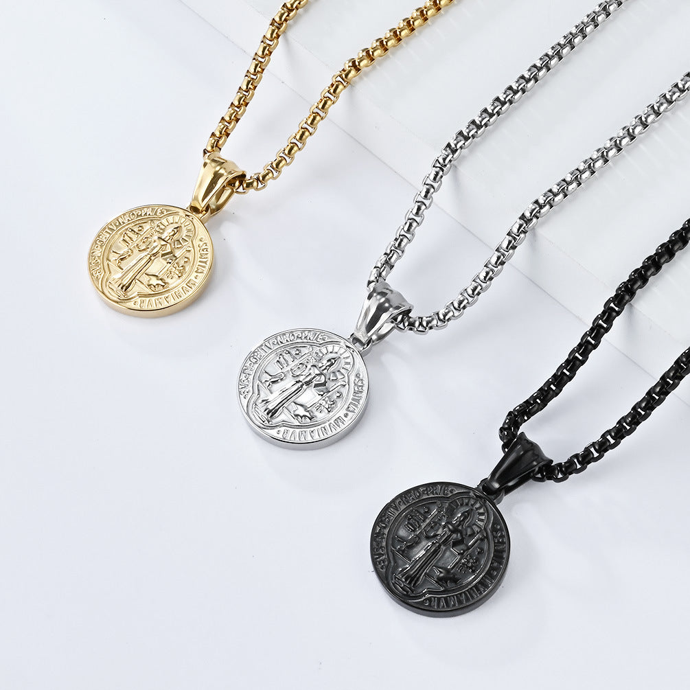 Saint Benedict Exorcist Necklace By Planderful Steel Protective Pendant For Spiritual Jewelry Enthusiasts