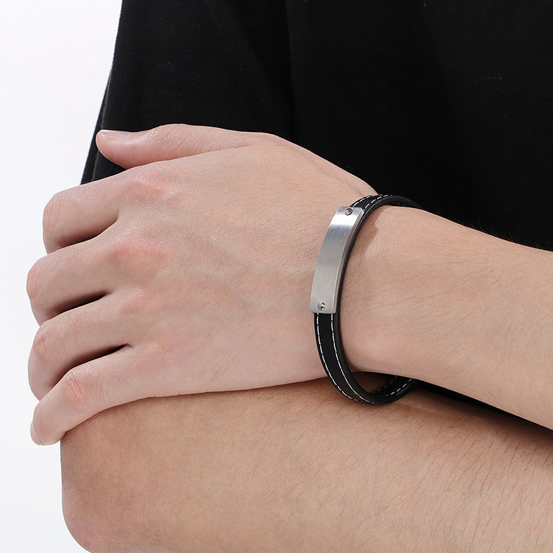 Stainless Steel Curved Bar Men's Bracelet – Business Leather Bracelet
