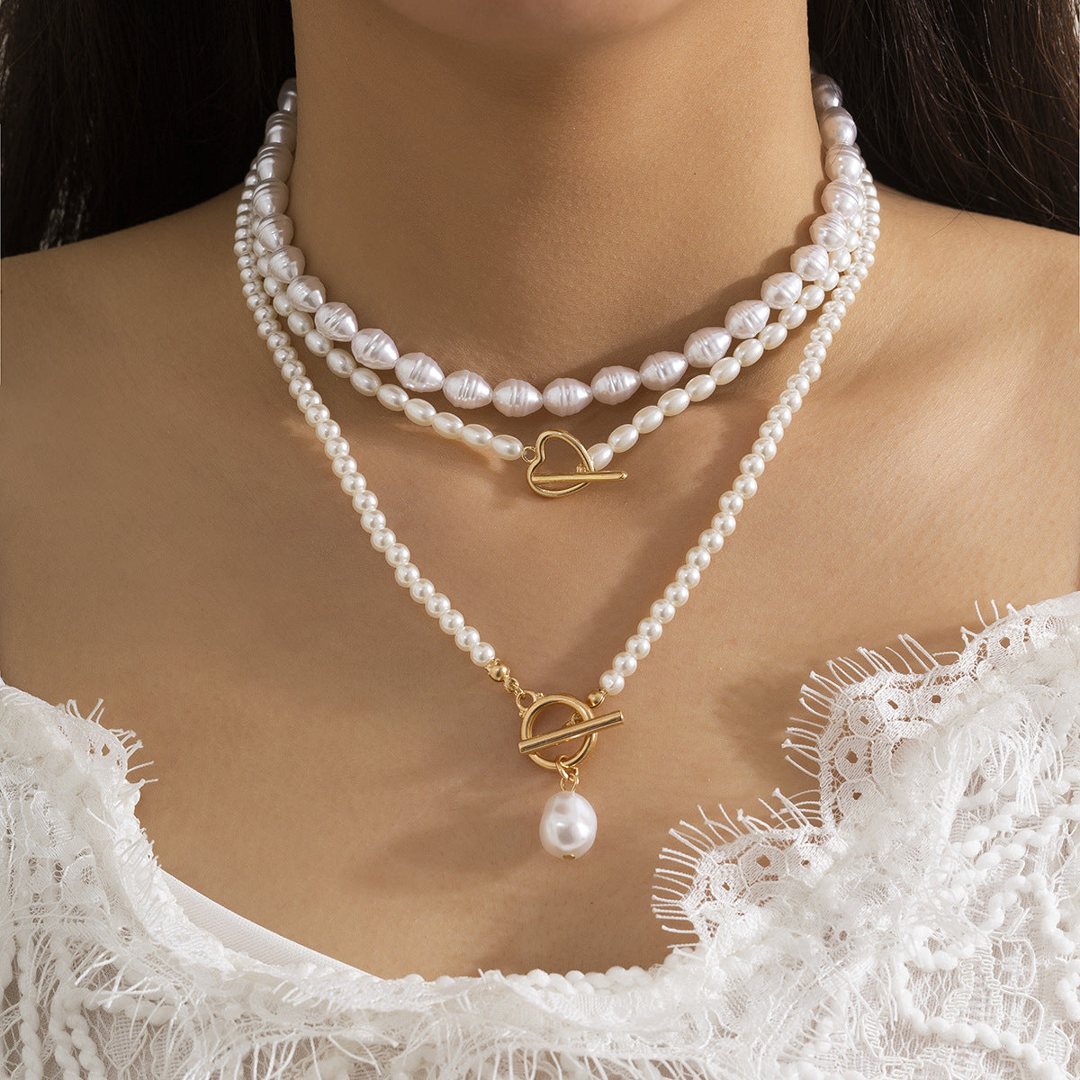 Multi-Layer Pearl and Diamond Heart Necklace with European Flair