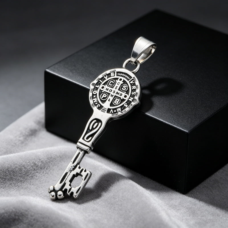Gothic Snake Wrapped Rune Key Dark Vintage Labyrinth Cross Pattern Stainless Steel Necklace