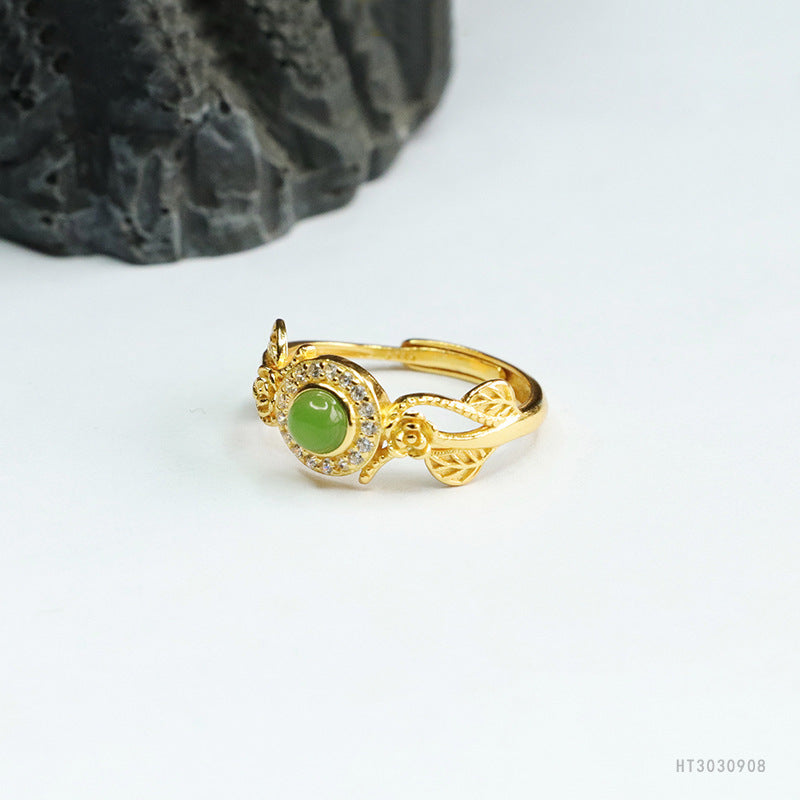 925 Sterling Silver Hetian Jasper Floral Leaf Ring