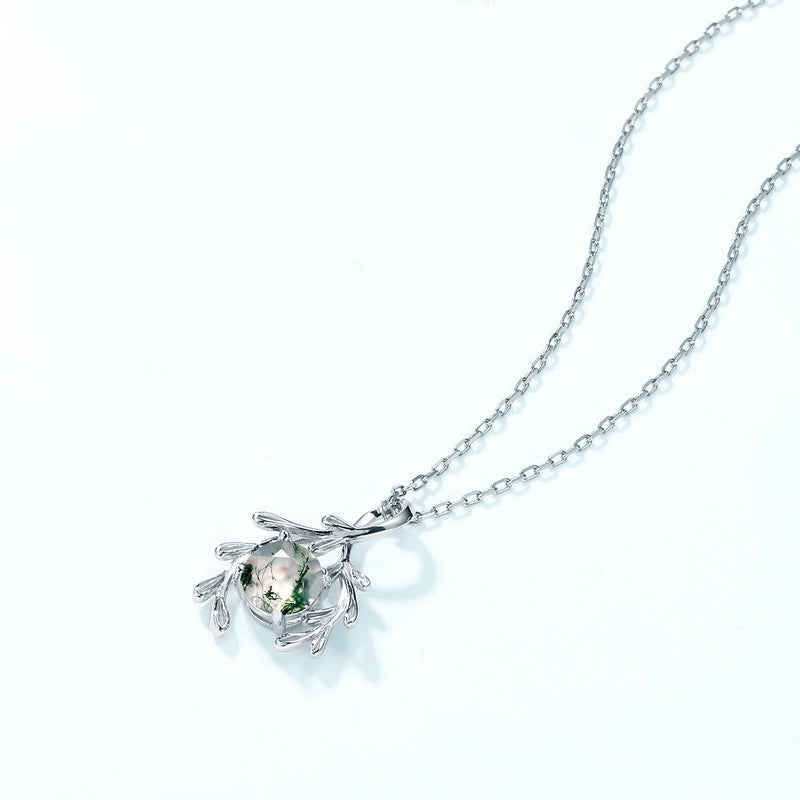 S925 Sterling Silver Moss Agate Pendant Necklace
