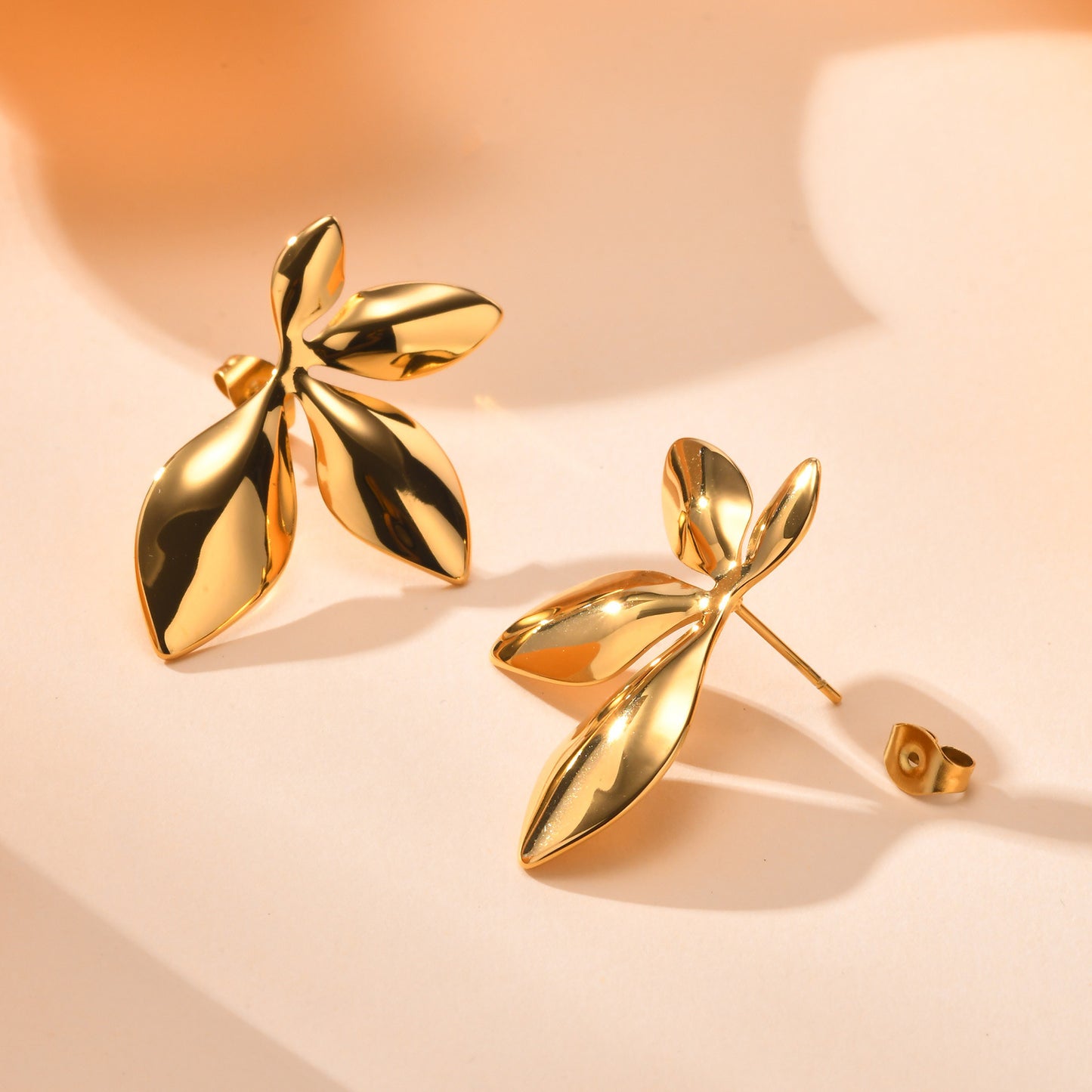 Stainless Steel Leaf Earrings 18K Gold Ladies Accessories