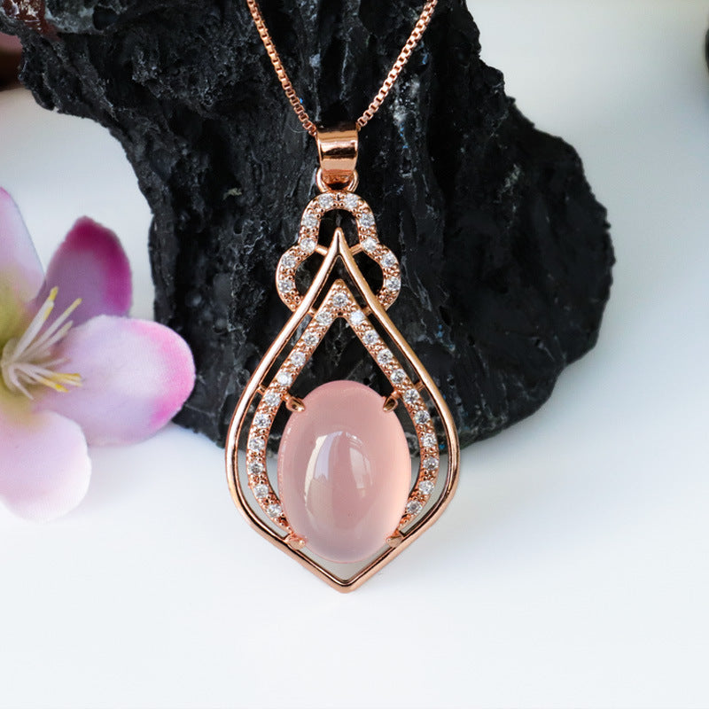 Rose Gold Pendant with Pink and Green Chalcedony Zircon Peach Heart Jewelry