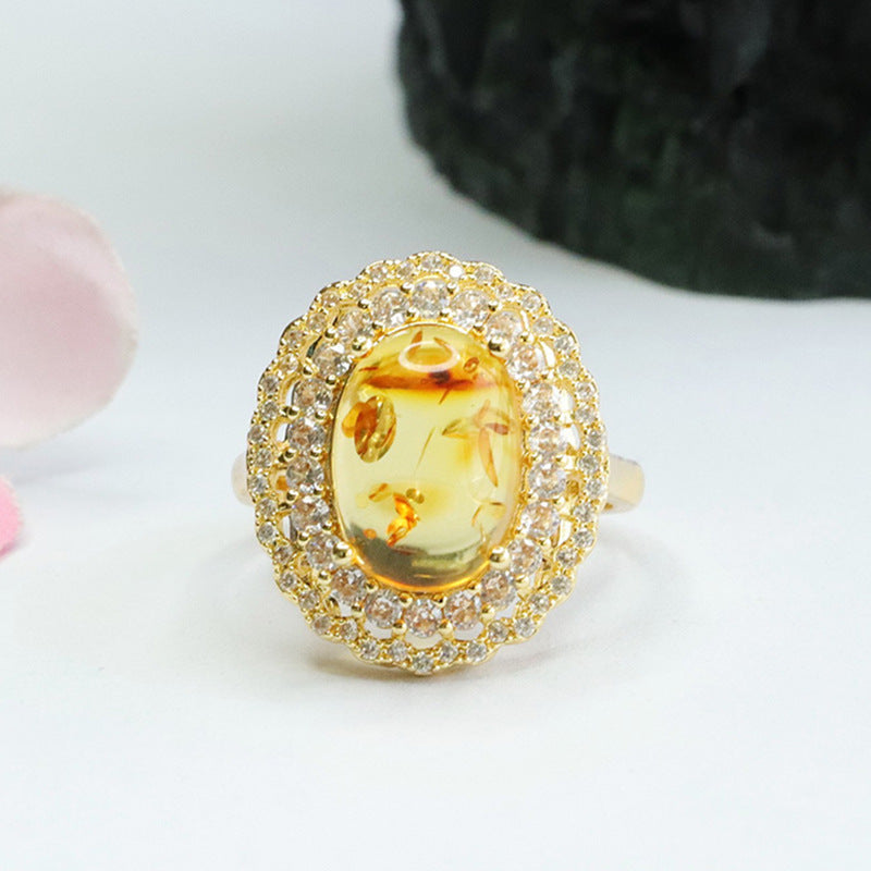 Floral Amber Double Halo Sterling Silver Ring