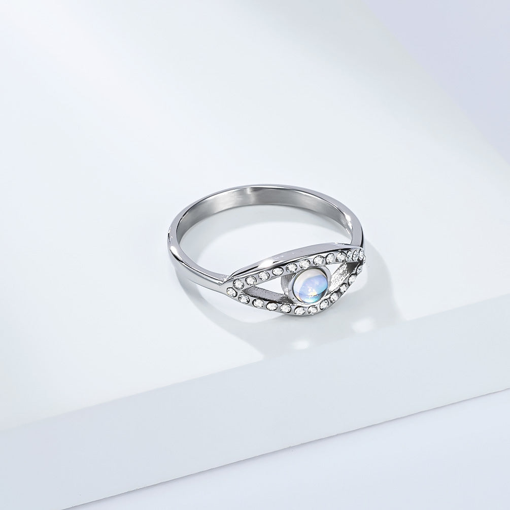 Planderful Moonstone Eye Ring For Women Light Luxury Retro Style Titanium Steel Hand Jewelry