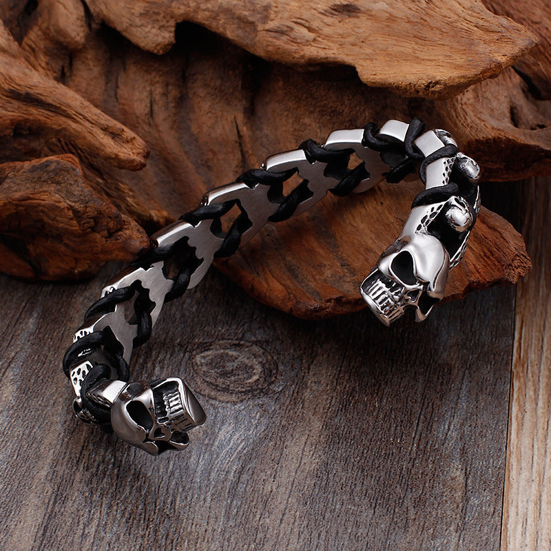 Open Double Dragon Head Rope Bracelet – Titanium Steel Men's Bracelet Skull Bracelet