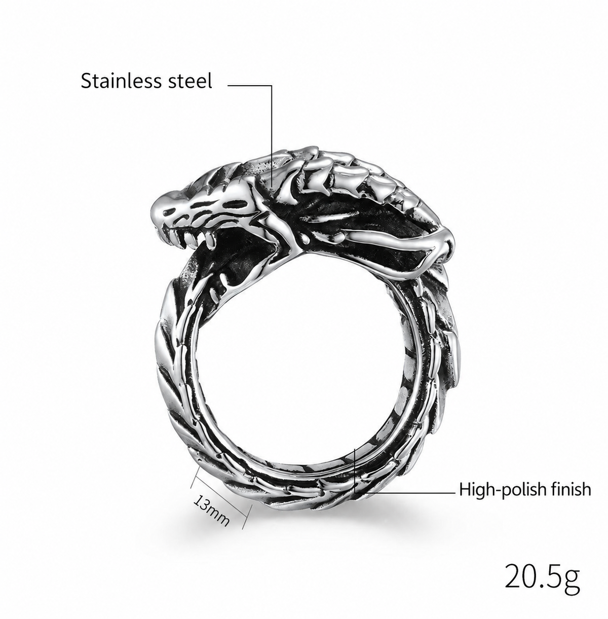 Dragon stainless steel ring dimensions and finish