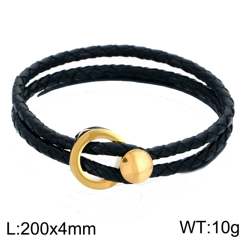 Hand Rope – Stainless Steel Round Buckle Double-Layer Black Leather Men's Bracelet