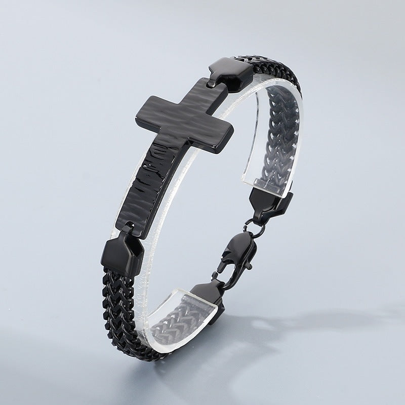 Double-Row Keel Chain Bracelet – Hammer Pattern Texture Bending Brand Cross – Stainless