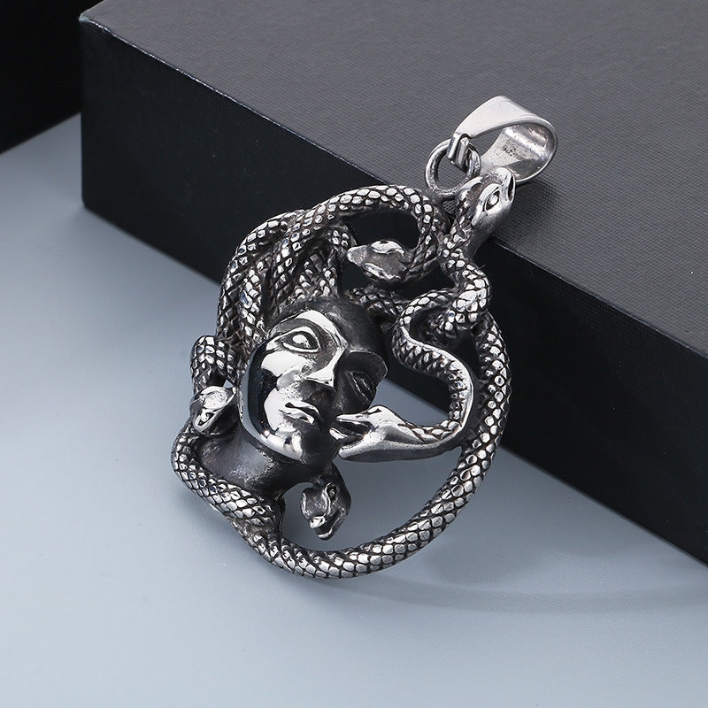 Mythology Series Pendant, Retro Double-Sided God Axe Mask Devil'S Eye Snake Woman Titanium Necklace