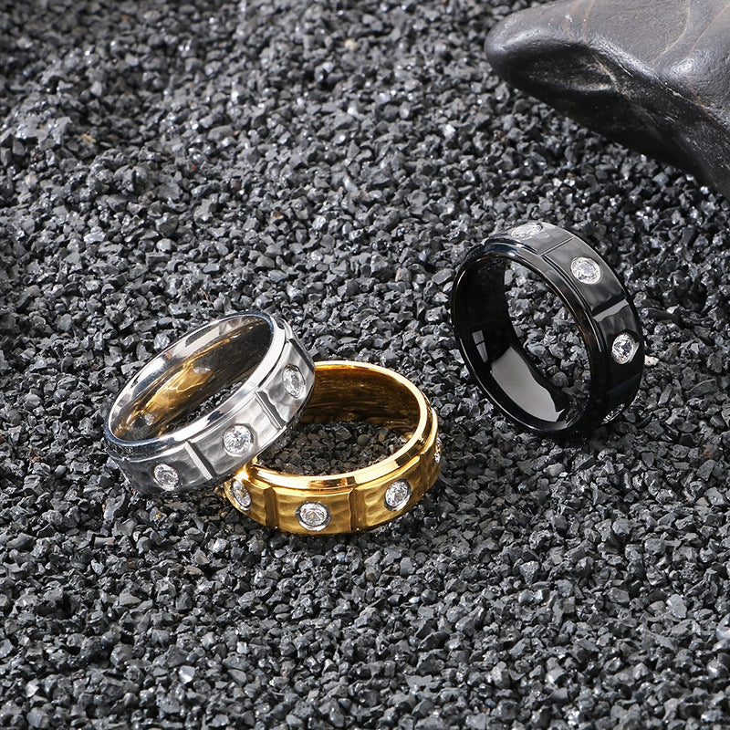 Planderful Mens Titanium Steel Ring Zircon 8mm Hip Hop