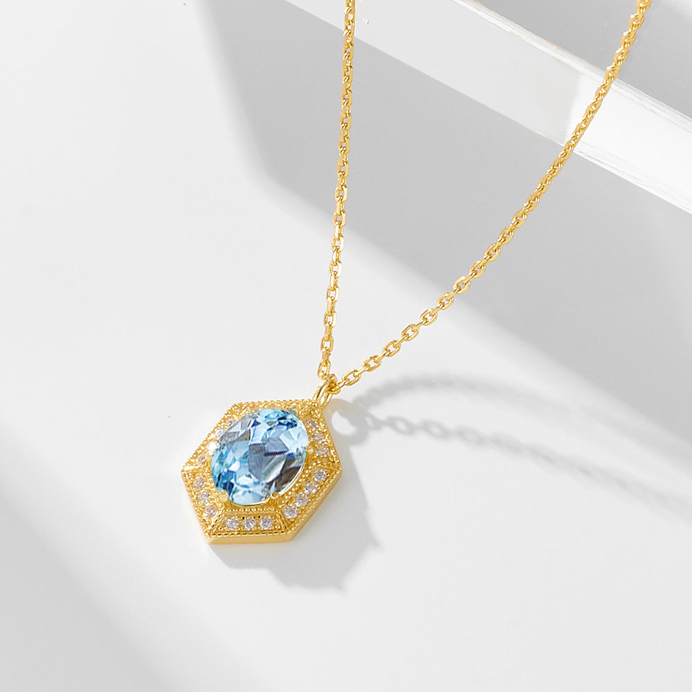 Geometric Retro Natural Sky Blue Topaz Sterling Silver Necklace Sense
