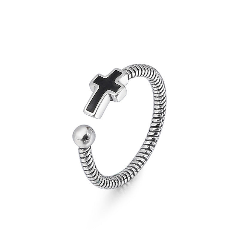 Spiricle Design Black Cross Opening Sterling Silver Ring