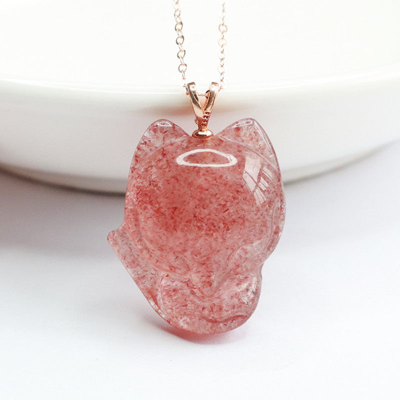 Strawberry Quartz Fox 925 Silver Pendant — No Chain