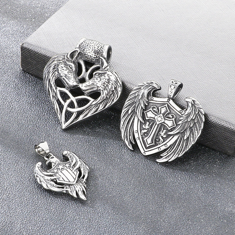 Viking Double Wolf Head Love Knot Pendant Punk Style Retro Cross Feathered Eagle Necklace