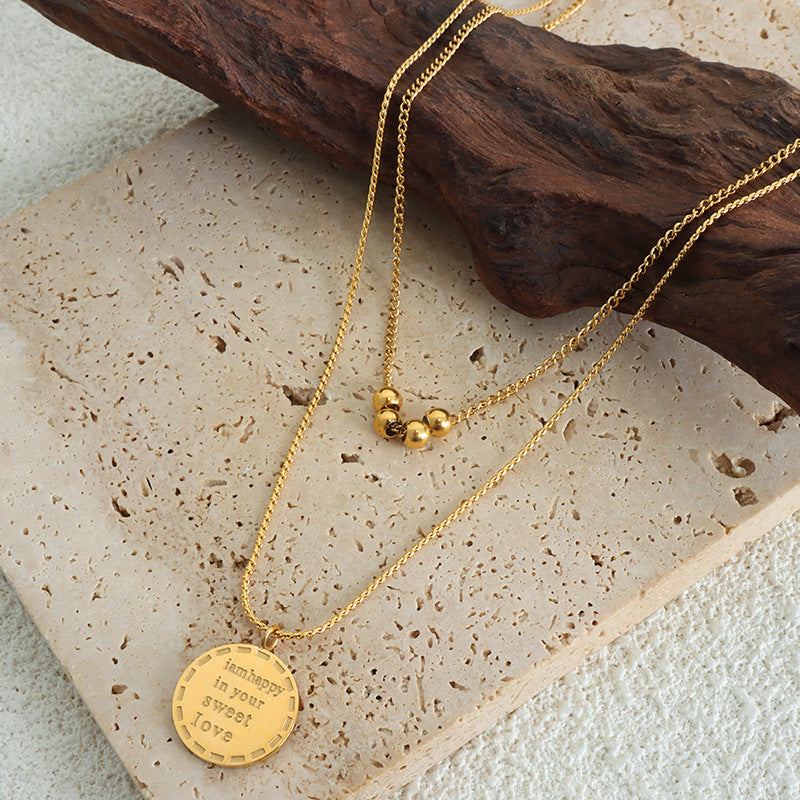 Golden French Letter Pendant Necklace with Double Circle Beaded Design