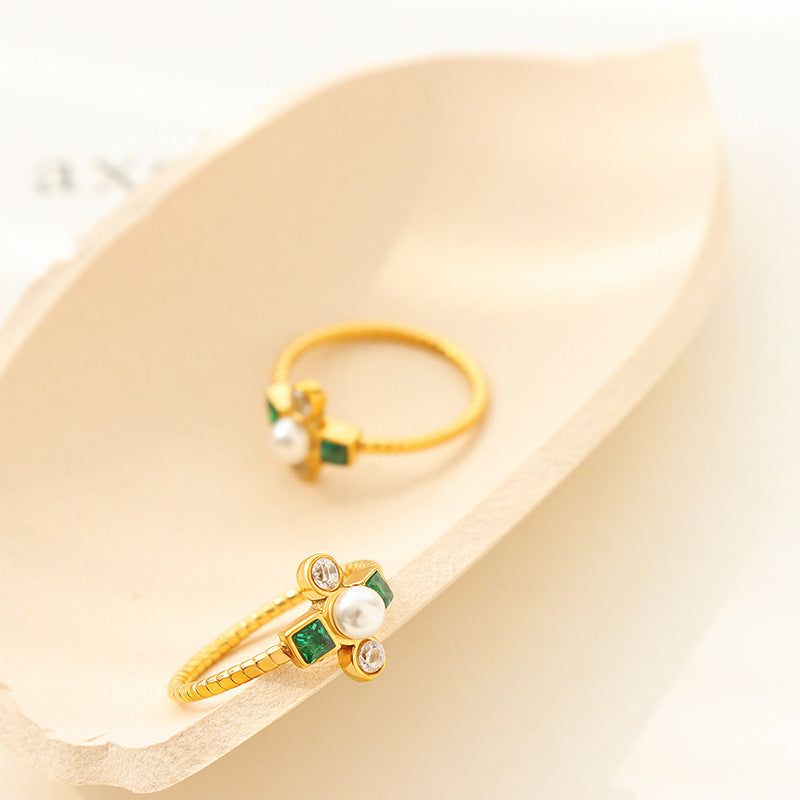 Opulent French Rhinestone Bead Ring with Unique Design and Titanium Gold Finish