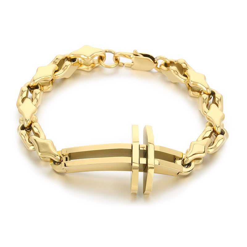 Hip-Hop Hand-Spliced – Niche Double-Layer Hollow Cross Rhombus Chain – Titanium Steel Bracelet