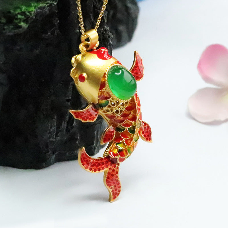 Ice Emperor Green Chalcedony, Enamel Goldfish Pendant